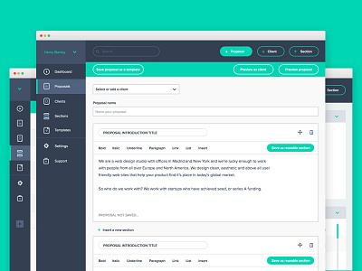 nusii proposals mashup account collapsed dashboard editor flat menu online proposals proposals saas ui web app wysiwyg