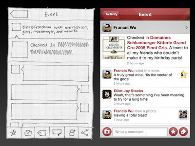 SocialGrapes Event View, Wireframe and Render Comparison app checkin comparison detail view event foursquare gowalla ios render socialgrapes wine wireframe