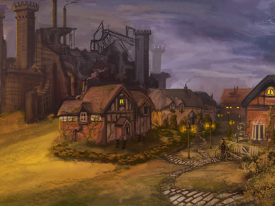 sunset village castle house illustration ottbettina painting panorama photoshop steampunk sunset village