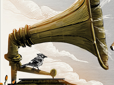 Phonograph blue jay clouds folk gigposter limited edition music screenprint