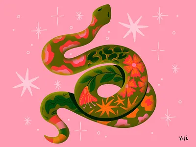 Year of the Snake | Lunar New Year artwork chinese new year colorful digital illustration digitalart flowers gradients illustration illustrator lunar year patterns snake stars year of the snake