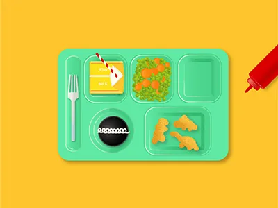 School Lunch! carrots chicken nuggets ketchup lunch lunch tray milk peas school top down