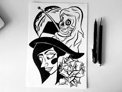 Grim Girl blackwhite brushpen character grimreaper illustration lady sax saxon saxonevers