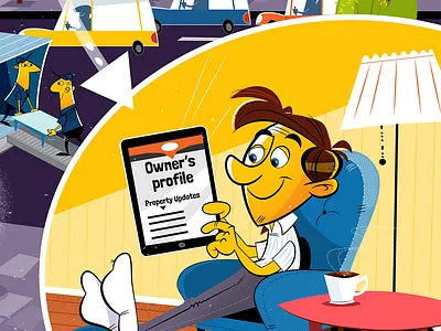 Tower International Poster detail 3 automobiles cars character design cartoon city street colorful illustration illustrator poster trees vector