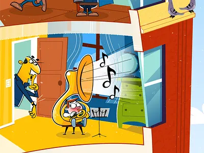 Tower International Poster detail 1 cartoon city colorful helicopter illustration illustrator instrument poster sky sousaphone vector