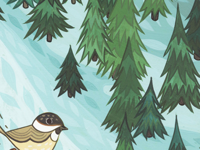 commission chickadee hand painted illustration pine tree tree winter