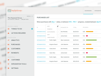 Purchases List dashboard drop down filter interface list minimal progress bar table ui ux web