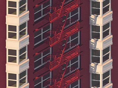 Brick and Bay Windows (Alternate) architecture building fire escape geometry isometric lighting shadows symmetry