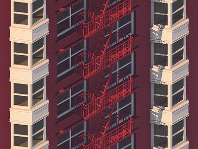 Brick and Bay Windows (Alternate) architecture building fire escape geometry isometric lighting shadows symmetry