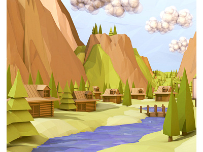 Outdoors 3d c4d cinema 4d forest log cabin low poly lowpoly mountains outdoors render river woods