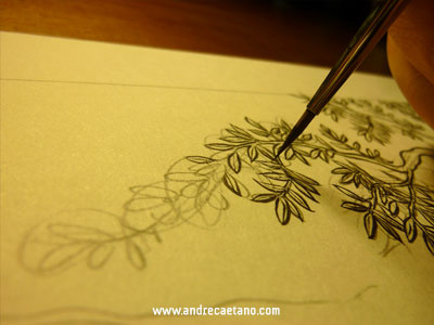 Olive tree brush inking olive tree