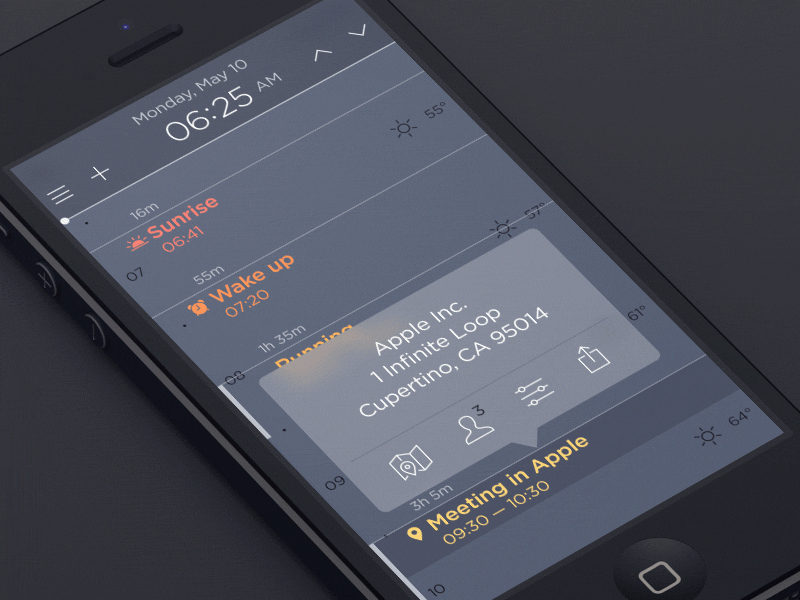 Calendar UI animation app calendar dark flat gif ios iphone popover timeline ui ux