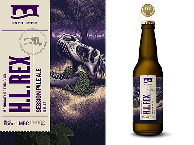 Monocacy Brewing Co. H.L. Rex Session Pale Ale beer bottle brewery brewing crown dinosaur illustration label packaging t rex