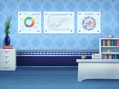 Room alarm clock apple bookcase books commode cup diagram flowers graph illustration room table