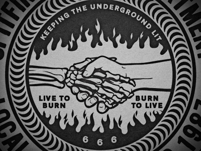 Spitfire Local 13 Arson Dept. 666 badge bones death flames handshake illustration local skeleton spitfire union vintage