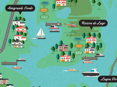 Funil Dam map boat boats buildings houses illustration lake map river tree trees