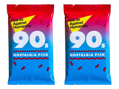 Cards Against Humanity Printed 90s Packs blue game neon packaging print red throwback triangles white yellow