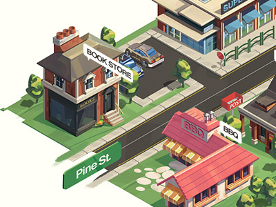 isometric scene bank building city illustration isometric map park store