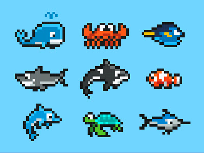 Sea Animals illustration minimal pixel art stickaz
