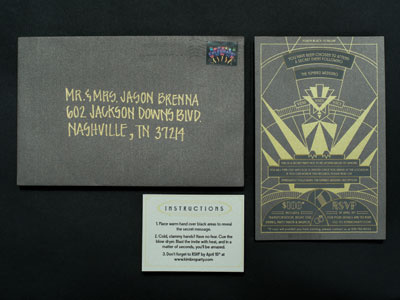 Secret Party Invite Design - Reveal art deco black disappearing ink gold gray heat sensitive invite magic ink silk screen