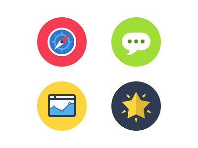 Explore, Chat, Improve, Celebrate browser chat compass flat graph icons illustration star