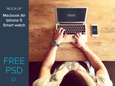 Free mockup set macbook air, iphone 5, smart watch ap design free freebie iphone macbook mockup photoshop psd show case smart watch web design wood desk