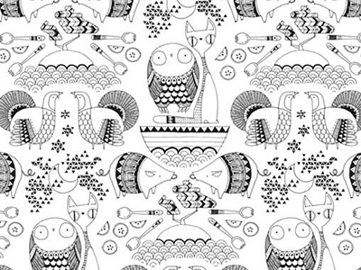 The Owl and the Pussycat - repeat pattern animals character childrens book hand drawn illustration monochrome pattern repeat pattern