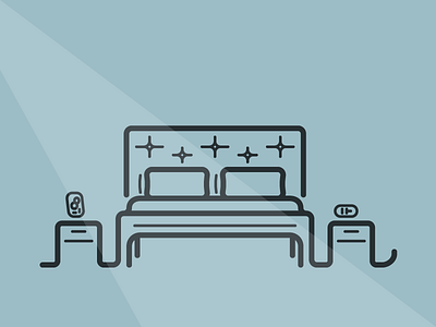 The Bedroom bed bedroom blue clock illustration lines nightstand pillows