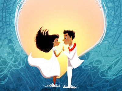 two oceans art commission couple illustration love ocean save the date water waves