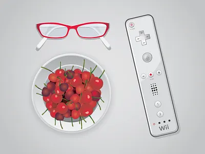 Ready To Play! cherry food game glasses illustration plate red remote top vector white wii