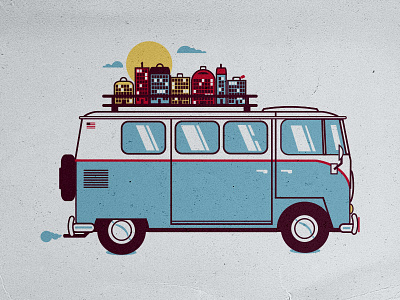 Road to the Big City buildings bus city cityscape road roadtrip travel van vintage volkswagen vw