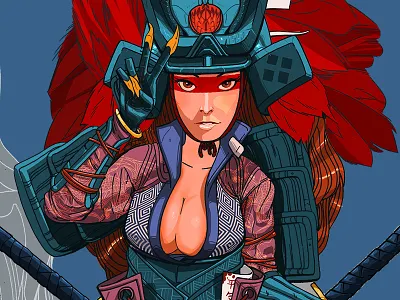 SamuraiWIP blue color girl pinup red samurai swords wip