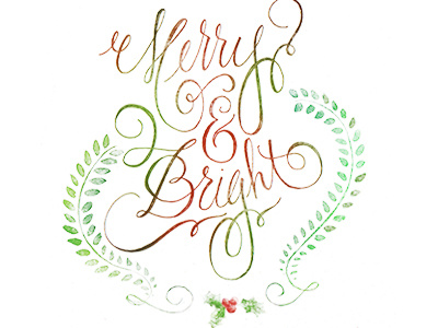 Merry & Bright christmas color custom green hand drawn hand lettering holly red script texture typography