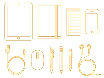 Icon set - first bunch desk headphones icon ipad iphone line mouse notebook pen pencil to do list topxel