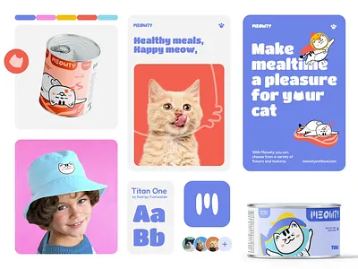 Meowty : Cat Food - Visual Identity animation brand guideline brand identity branding cat food cat illustration cute graphic design illustration layout design logo logo design marketing mascot design motion graphics packaging packaging design pet food social media visual identity