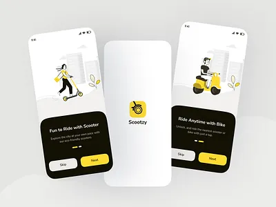 Electric Scooter and Bike Sharing App Onboarding Screen branding clean design illustration interface log in logo minimal mobile mobile app modern onboarding ride app ride share app sign up splash ui uiux ux website design