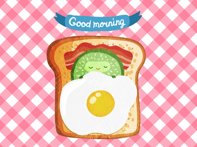 Good morning bacon card cartoon character cucumber cute egg food illustration morning toast