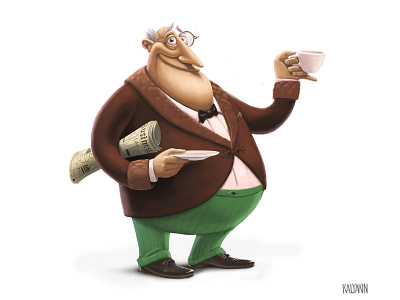 Englishman bow tie cup entrepreneur newspaper tea