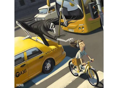 Lucky Girl bicycle bus cars day death girl lucky road taxi traffic traffic light van