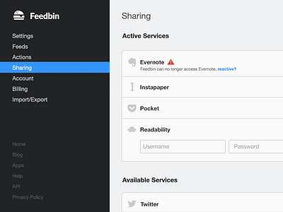 Feedbin Settings application design feedbin product rss settings ui web app