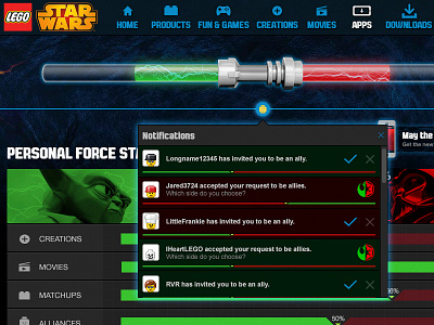 Notifications dark side dashboard force gamification lego light side star wars starwars vader yoda