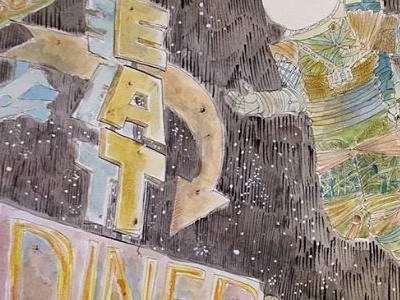 orbital diner (detail, WIP) alien diner eat illustration ink monster space space ship space suit water color