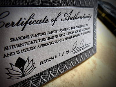 Authenticity Matters autograph certificate letterpress seasons seasons playing cards