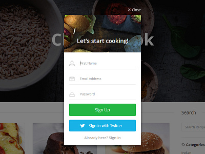 Let's start cooking! form popup signup