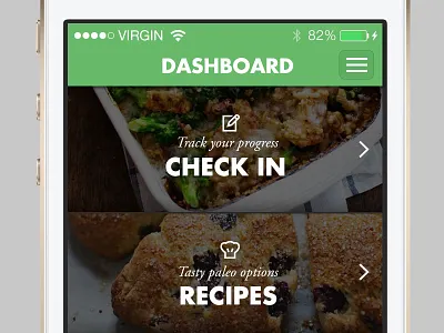 Healthy Eating App - Beginning Stages check in cooking dashboard food green health healthy menu mobile mobile app paleo recipes