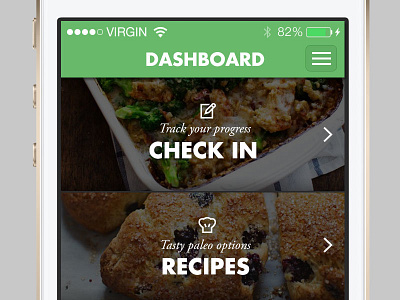 Healthy Eating App - Beginning Stages check in cooking dashboard food green health healthy menu mobile mobile app paleo recipes