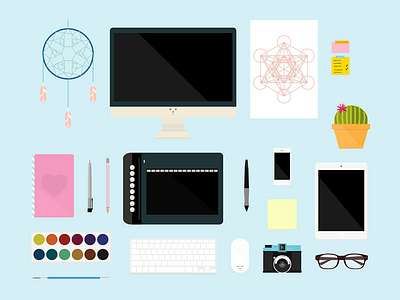 Workspace Essentials brush camera computer desk essentials flat illustration setup sketchbook work workspace