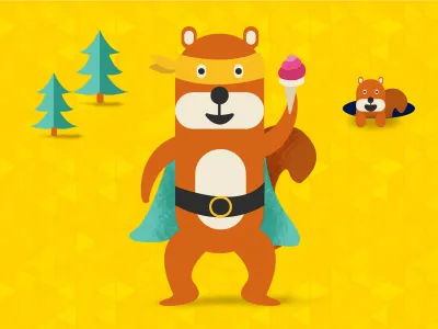 Super Squirrel animal character flat game hero icecream illustration squirrel tree yellow