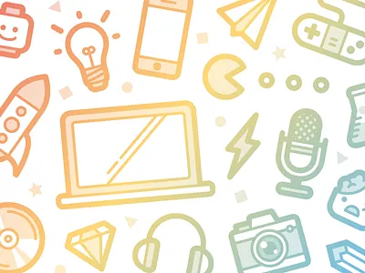 Super Happy Funtime Icons camera diamond headphones icons iphone lego lightbulb macbook microphone pencil spaceship zombie