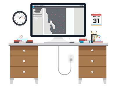 Computer clock coffee computer cup desk illustration